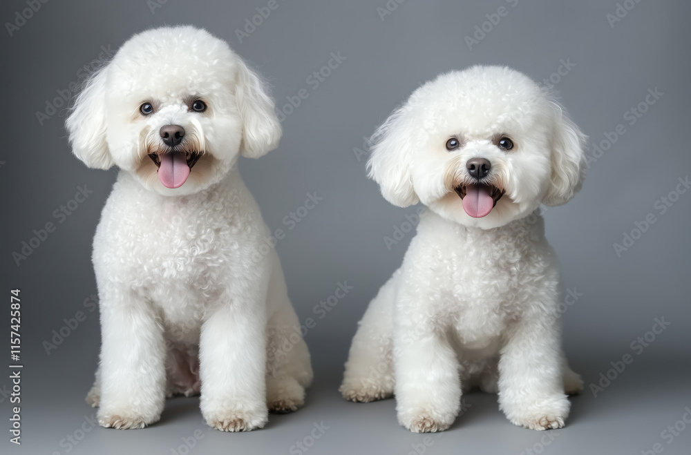 Two cheerful bichon frise dogs sit side by side against a neutral background, showcasing their fluffy coats and playful expressions. two white Bichon Frise dogs sitting side by side, Two cheerful bichon frise dogs sit side by side against a neutral background, showcasing their fluffy coats and playful expressions. two white Bichon Frise dogs sitting side by side,