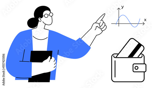 Businesswoman points at graph with x, y-axes while holding a folder, next to wallet with cards icon. Ideal for finance, education, data analysis, business strategy, investment planning, financial