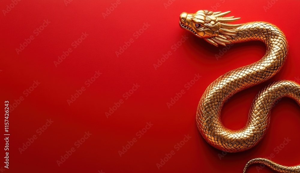 Obraz premium Golden dragon sculpture on red background for celebration decor
