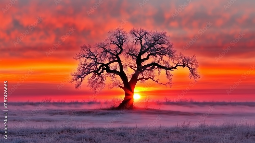 Frozen tree silhouetted against a vibrant winter sunrise Frozen tree silhouetted against a vibrant winter sunrise