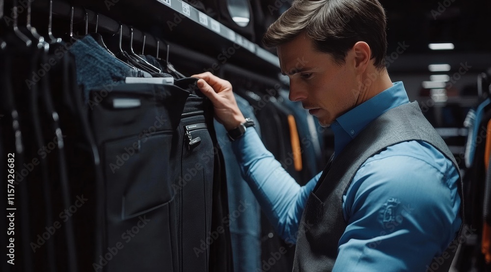 Naklejka premium Man shopping for stylish pants in a modern clothing store