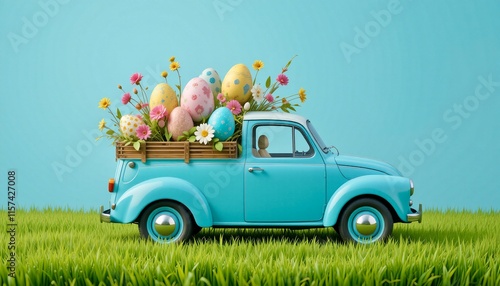 Light blue vintage convertible car is parked in a green meadow, carrying a colorful assortment of easter eggs, bunnies, and flowers, celebrating the arrival of spring and easter festivities.