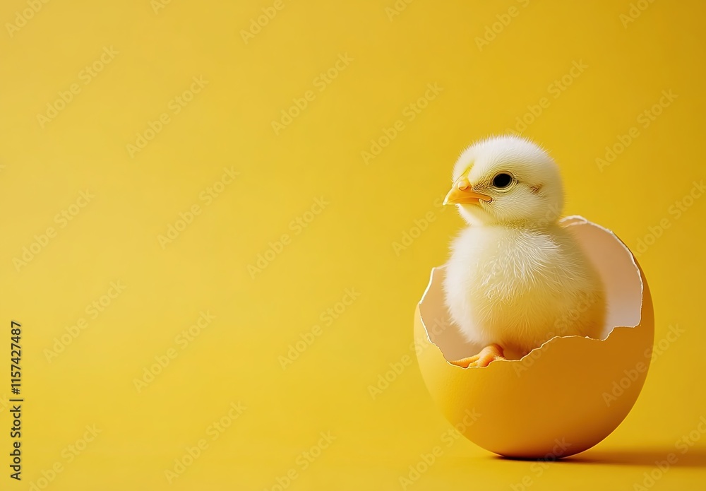 Yellow background with copy space, a cute little chick hatching from an egg, in a minimalist style Yellow background with copy space, a cute little chick hatching from an egg, in a minimalist style