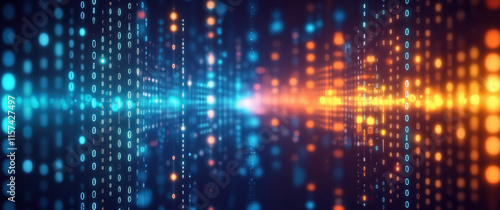 Wallpaper Mural Abstract background with glowing dots and binary code, technology concept. Abstract digital light bokeh background with blue, orange, and yellow lights. Big data connection concept. Digital abstract Torontodigital.ca