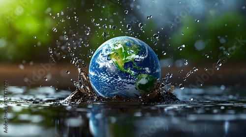 Water Splash with Earth Globe Surrounded by Lush Green Nature