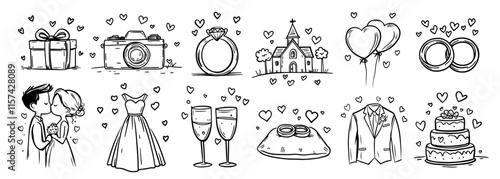 wedding love icons, wedding rings, engagement ring, wedding couple, glasses and hearts