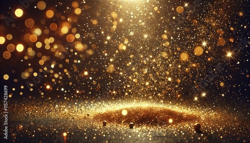 Gold glitter dust sparkles against a black background, symbolizing luxury and celebration for various festive occasions