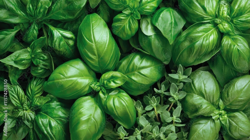 Lush green basil and thyme leaves background. Lush green basil and thyme leaves background.