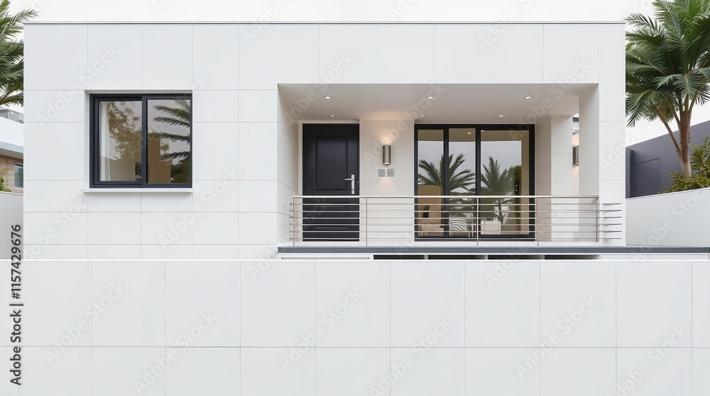 Exterior View of a Modern White Building with Balcony Exterior View of a Modern White Building with Balcony