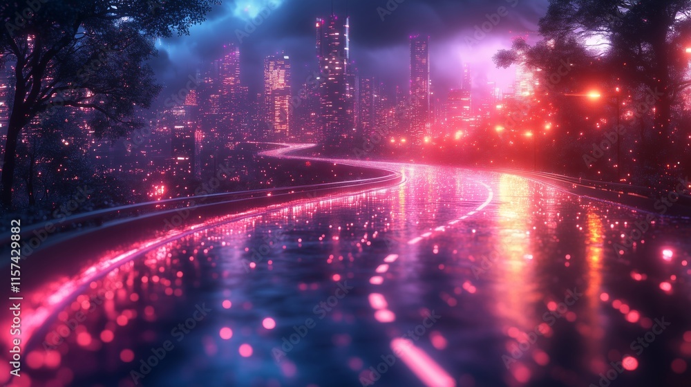 Obraz premium Captivating Night Cityscape with Colorful Neon Reflections