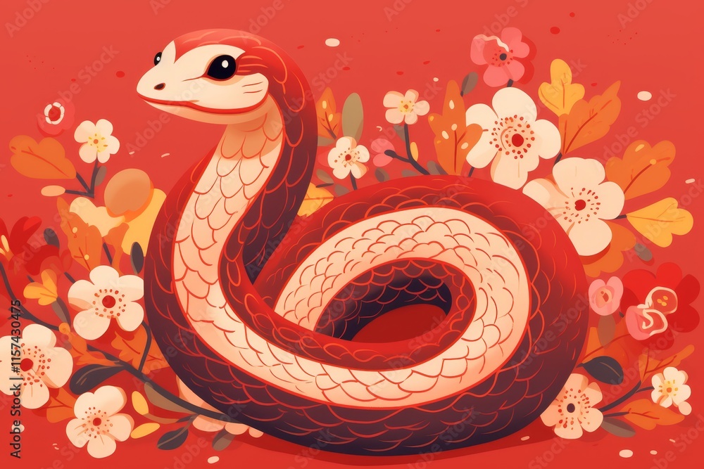 Fototapeta premium Vibrant snake symbolizing lunar new year surrounded by traditional decorations on red background
