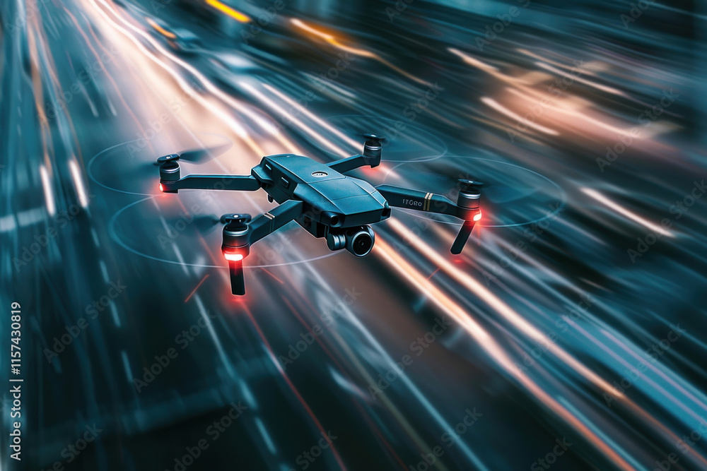 Obraz premium High-speed tracking footage capturing autopilot drones in motion, cinematic tone