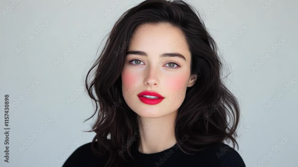 Portrait of a brunette woman with vibrant red lips and soft makeup against a neutral gray background highlighting her natural beauty