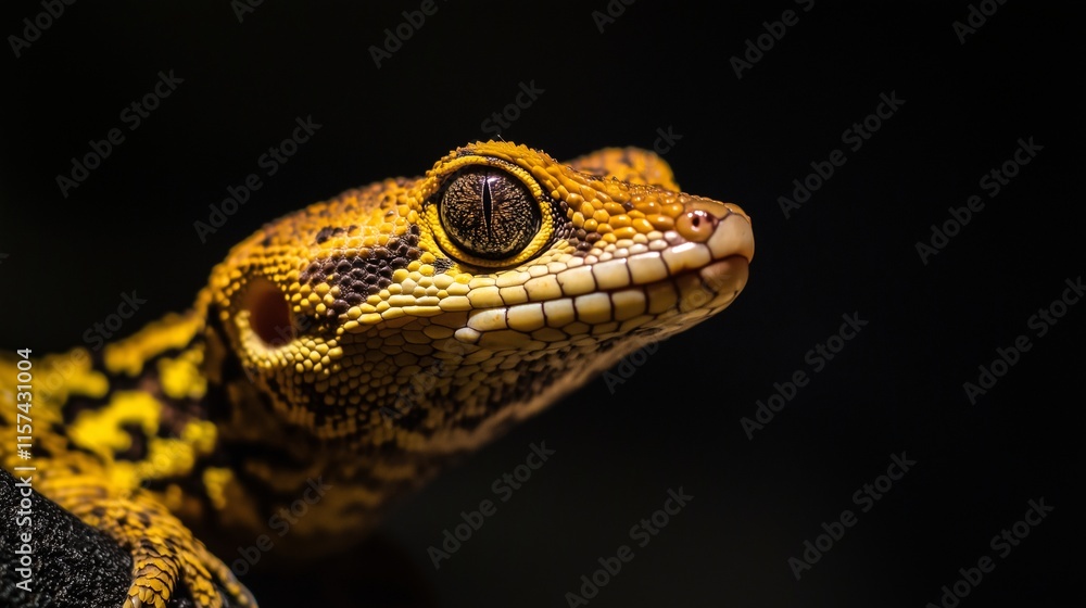 Vibrant close-up of a gecko with detailed scales and a striking eye against a dark background. Vibrant close-up of a gecko with detailed scales and a striking eye against a dark background.