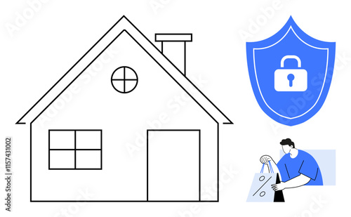 House outline, blue security shield with lock, person in blue shirt installing camera. Ideal for home security, technology, safety, real estate, smart home, surveillance and risk management themes photo