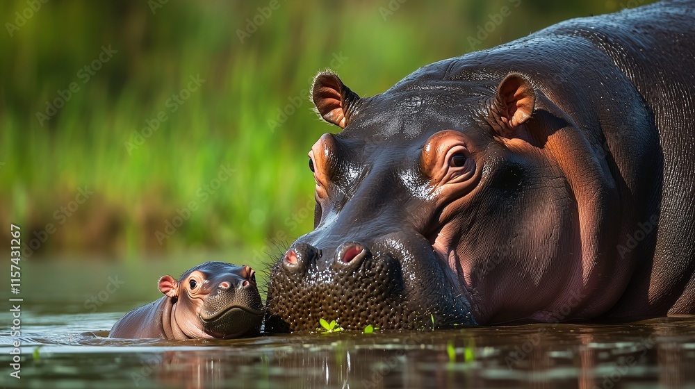 Fototapeta premium A hippopotamus with its baby peeking out of water in a lush, green river setting.