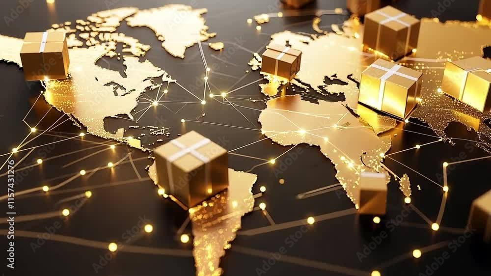 A stunning display of a world map adorned with sparkling golden packages interconnected by glowing lines, highlighting global trade and delivery logistics