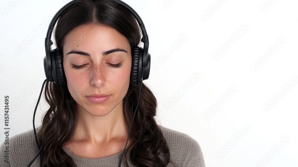 A woman wearing headphones, eyes closed in a relaxed state. A woman wearing headphones, eyes closed in a relaxed state.