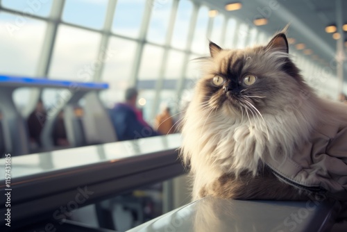 Portrait of a funny himalayan cat isolated on busy airport terminal photo