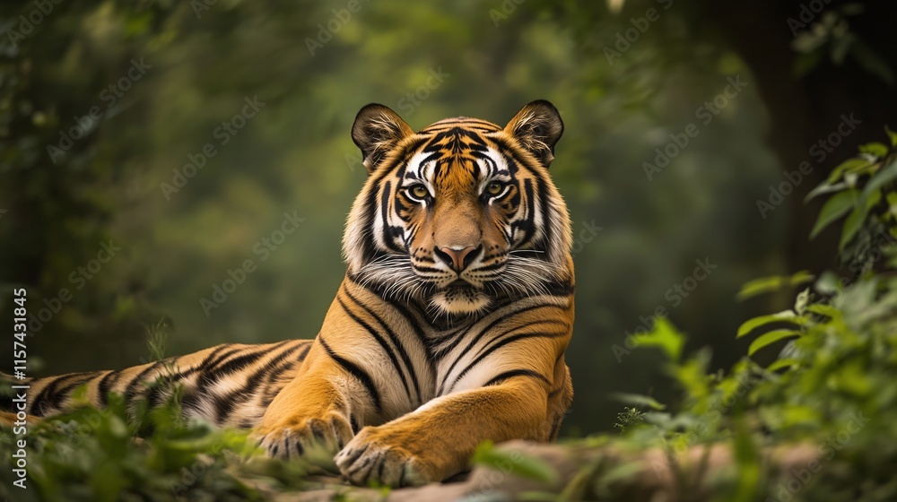 A majestic tiger resting calmly amidst lush greenery, staring intently at the camera. A majestic tiger resting calmly amidst lush greenery, staring intently at the camera.