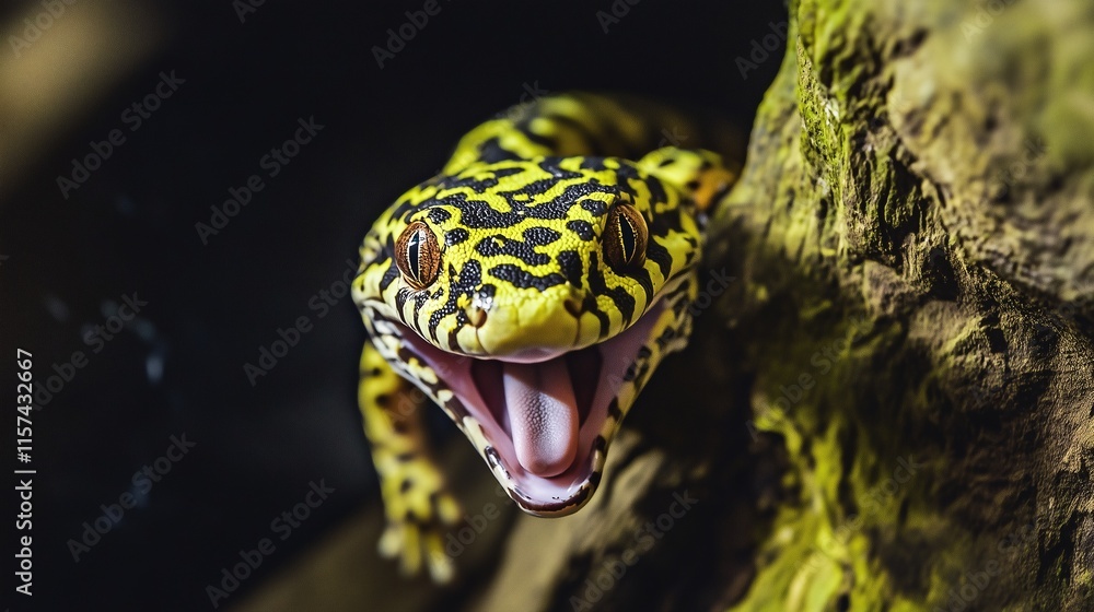 Vibrant gecko with an open mouth perched on mossy rocks in a jungle environment.