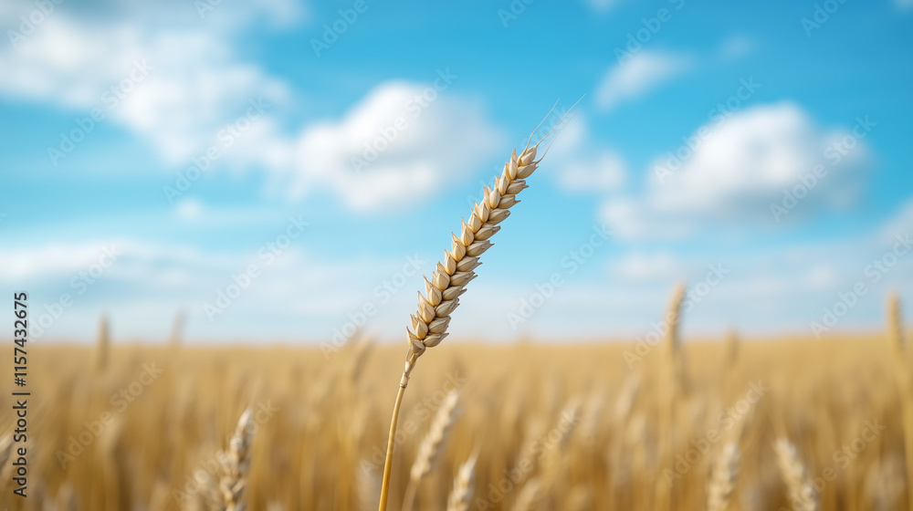 Single Wheat Stalk in Wheat Field Under Blue Sky Single Wheat Stalk in Wheat Field Under Blue Sky