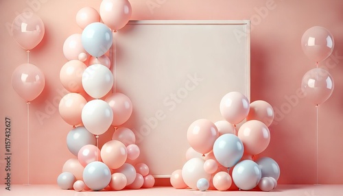 Beautiful panoramic background with pink and blue balloons. Group of pastel party balloons on soft background. Concept of happiness, joy, birthday. Wide Angle Holiday Web Banner With Copy Space