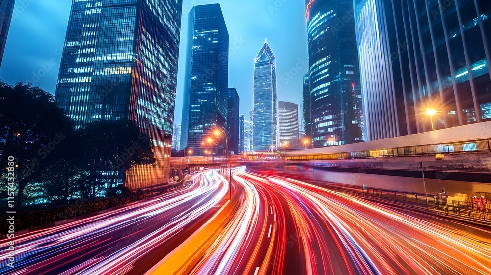 Fototapeta premium Dynamic night traffic movement in urban cityscape fast-paced environment wide-angle view modern infrastructure