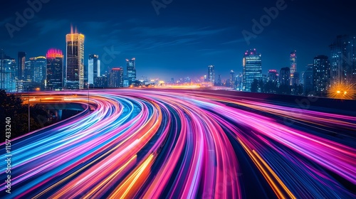 Dynamic night traffic patterns urban skyline long exposure photography city environment aerial view modern transportation photo