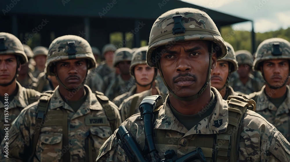 Fototapeta premium Group of soldiers, army in military uniform are training 