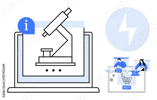 Free Download Microscope displayed on laptop screen with info symbol. People interacting with a shopping cart icon. Ideal for science, education, e-commerce, technology, and digital information. Line metaphor - GFXLoad