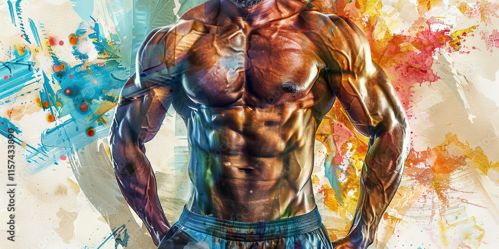 Fototapeta premium Male Torso with Abstract Paint Splatter Background