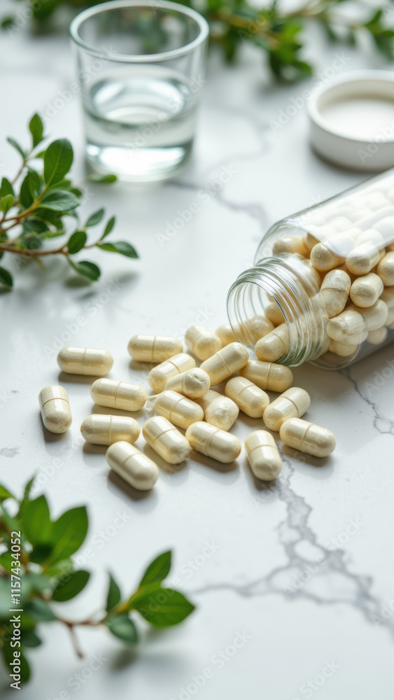 Magnesium capsules spilled out of a bottle on a marble surface with greenery and water. Magnesium capsules spilled out of a bottle on a marble surface with greenery and water.