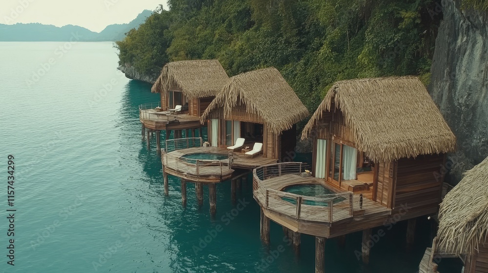 Overwater bungalows with private pools on a tropical coast. Overwater bungalows with private pools on a tropical coast.