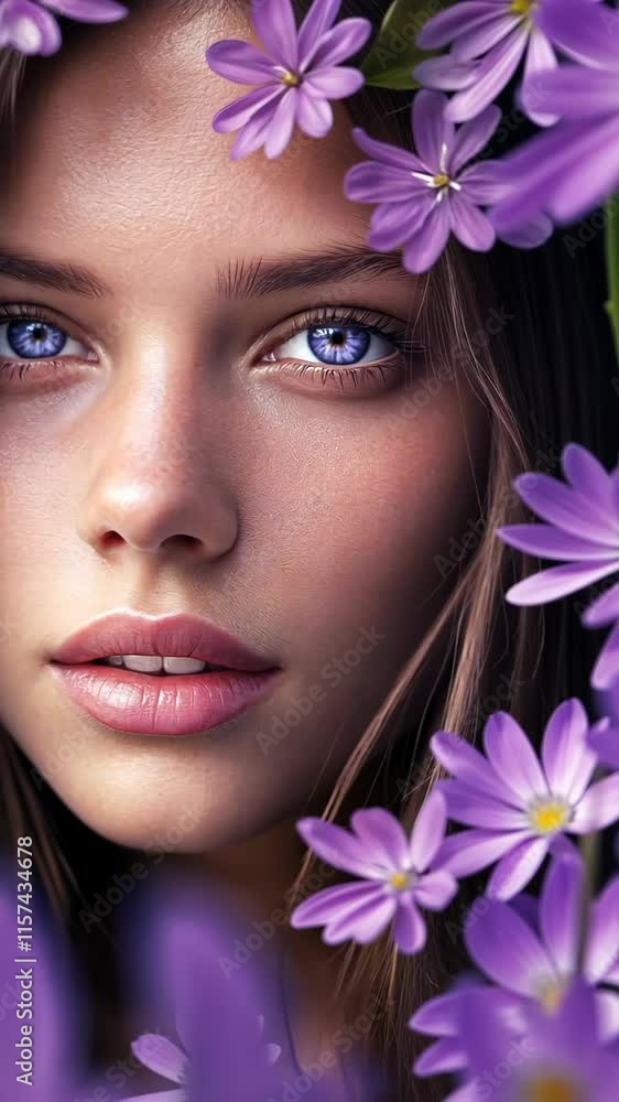 Close-up of a young woman surrounded by purple flowers with a soft and serene expression amidst nature's beauty Close-up of a young woman surrounded by purple flowers with a soft and serene expression amidst nature's beauty