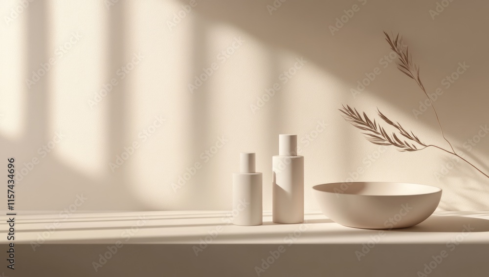 Minimalist Beige Bottles Bowl Dried Flowers Soft Light Setting Minimalist Beige Bottles Bowl Dried Flowers Soft Light Setting