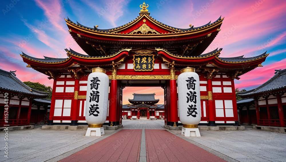 Temple main gate standing at sunset with dramatic sky Temple main gate standing at sunset with dramatic sky