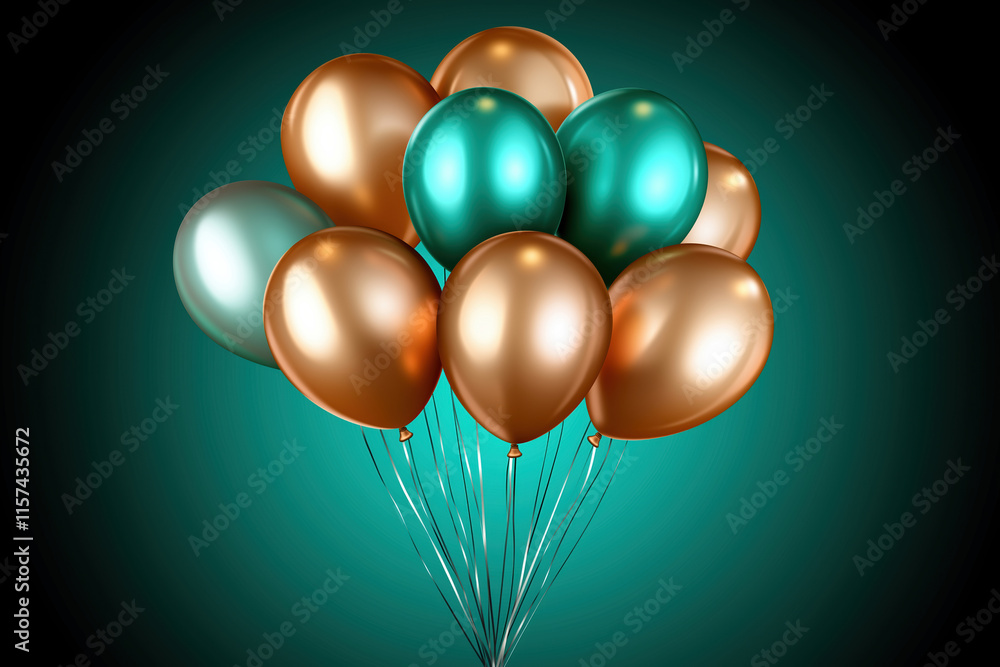 Colorful balloons in metallic shades arranged against a vibrant teal background Colorful balloons in metallic shades arranged against a vibrant teal background