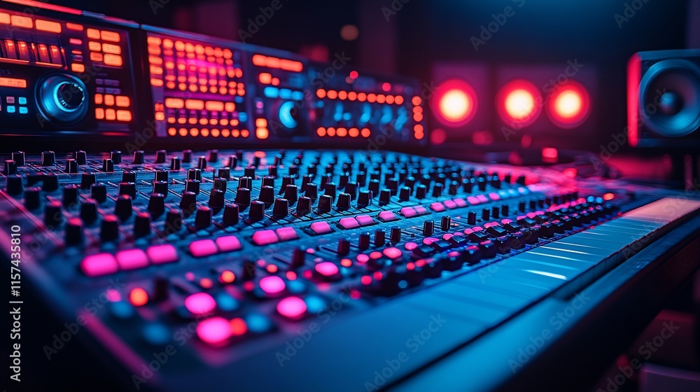 Neon Lights Illuminate a Professional Audio Mixing Console in a Recording Studio Neon Lights Illuminate a Professional Audio Mixing Console in a Recording Studio