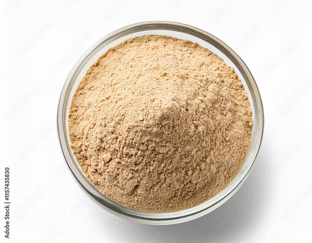 Glass bowl of mixed bran flour isolated on white Glass bowl of mixed bran flour isolated on white