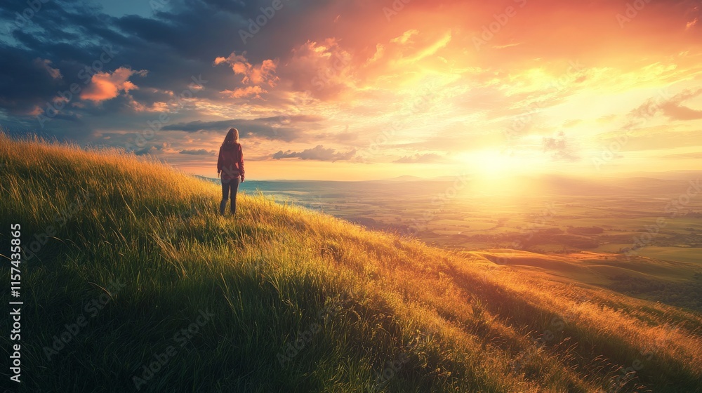 Golden Hour Serenity: A Woman Contemplates Nature's Majesty at Sunset Golden Hour Serenity: A Woman Contemplates Nature's Majesty at Sunset
