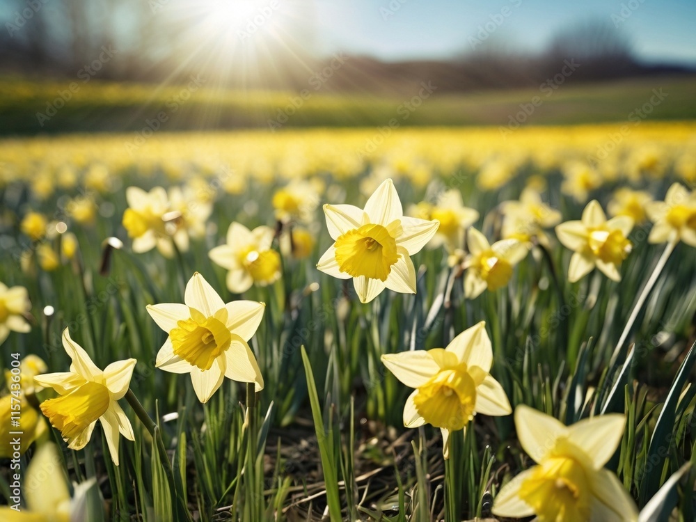 Obraz premium A meadow field of a yellow daffodil flowers on a sunny spring day. Beautiful seasonal floral nature landscape.