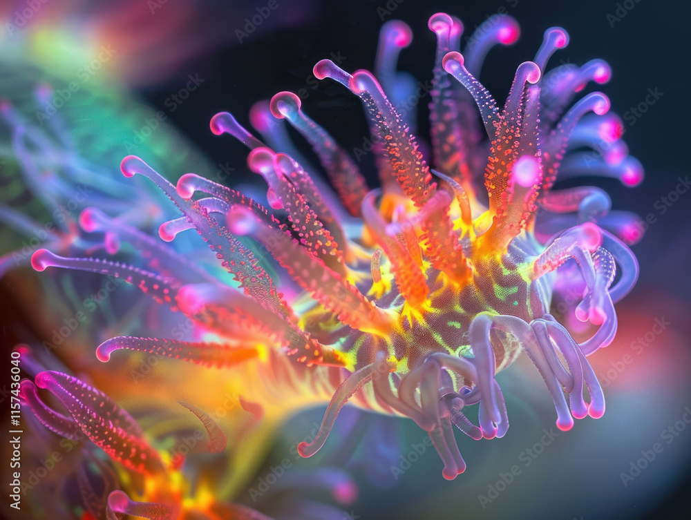 Macro underwater photography focusing on intricate details of coral polyps glowing under fluorescent light Macro underwater photography focusing on intricate details of coral polyps glowing under fluorescent light