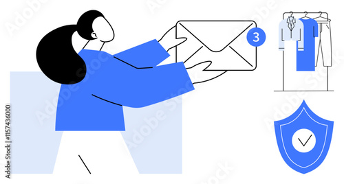 Woman holding an email envelope with a notification icon. Clothes rack with shirts in the background. Security shield with check mark. Ideal for communication, notifications, email alerts, fashion