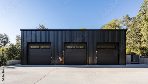 Modern Black Garage Building Three Doors Metal Siding Sunny Day
