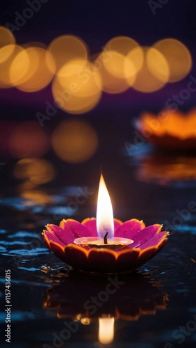 Close-up of a lit diya, traditional Indian oil lamp, on a dark purple blurry bokeh background. Peaceful serene candle burning flame. Diyo, deya, deeya, dia, divaa, deepa, deepam, deep, deepak, saaki.	 photo