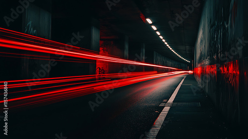 Dynamic light trails in an urban tunnel at night