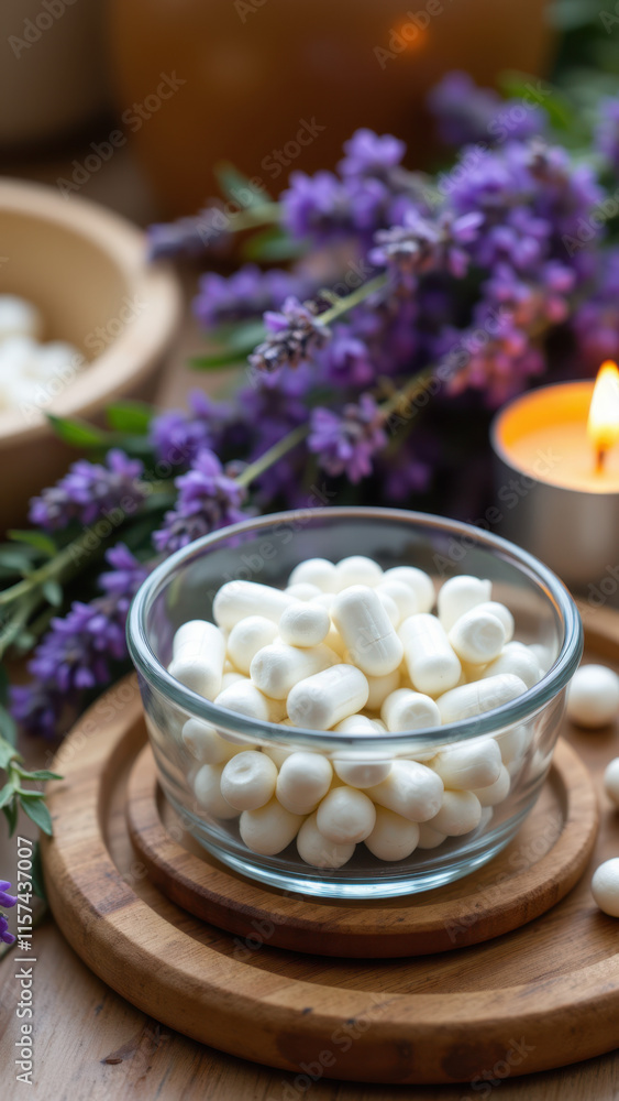 A bowl filled with small round items resembling candy, possibly chocolate or a similar sweet treat, sitting on top of a wooden surface surrounded by purple flowers and lavender. A bowl filled with small round items resembling candy, possibly chocolate or a similar sweet treat, sitting on top of a wooden surface surrounded by purple flowers and lavender.