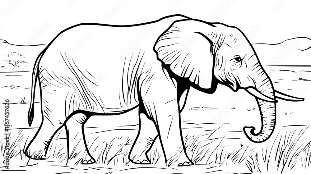Big Adult African Elephant Profile Walking Outline Drawing, Vector Illustration for Coloring Book Big Adult African Elephant Profile Walking Outline Drawing, Vector Illustration for Coloring Book