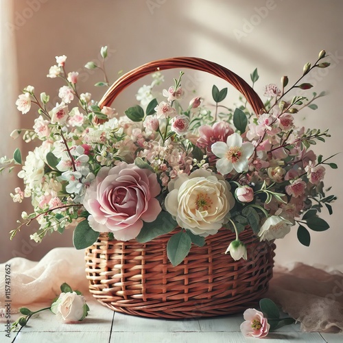 Beautiful straw bag with seasonal flowers of hyacinth and carnation blossom
